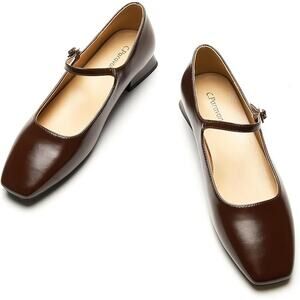 C.Paravano Women's Mary Jane Flats Adjustable Strap & Square Toe Brown Size 8